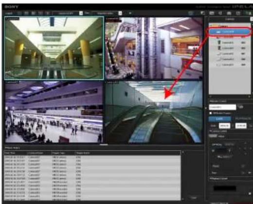 Screenshot of a video editing software interface showing multiple surveillance feeds and a red arrow pointing to a location pin.