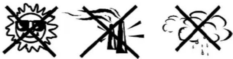 Three symbolic warning signs: sun, smoke, and cloud with crossed-out lines, indicating environmental or hazardous issues.