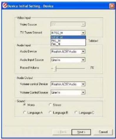 Device Initial Setting - Device Video Input Video Source TV Tuner Steward NTSC_M MILK_M PAI_M Audio Input Audio Device Realtek ACS7 Audio Audio Input Source Line In Record Volume - 7% Audio Output Volume control Device Realtek ACS7 Audio Volume Control Source Line In Sound Mono Stress Language A Language B Language C OK Next > Cancel