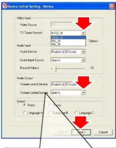 Device Initial Setting - Device Video Input Video Source TV TV Tuner Standard NTSC_N MACS_M PAI_M TAI/N Audio Input Audio Device Realtek ACS7 Audio Audio Input Source Line In Record Volume - 7% Audio Output Volume control Device Realtek ACS7 Audio Volume Control Source Line In Sound Mono Language A Language B Language C Next > Cancel