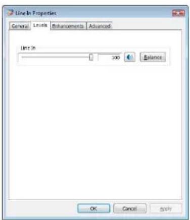 Line In Properties General Levels Enhancements Advanced Line In 100 Balance OK Cancel Apply