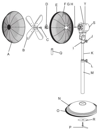 Technical diagram of a fan assembly with labeled parts and exploded view