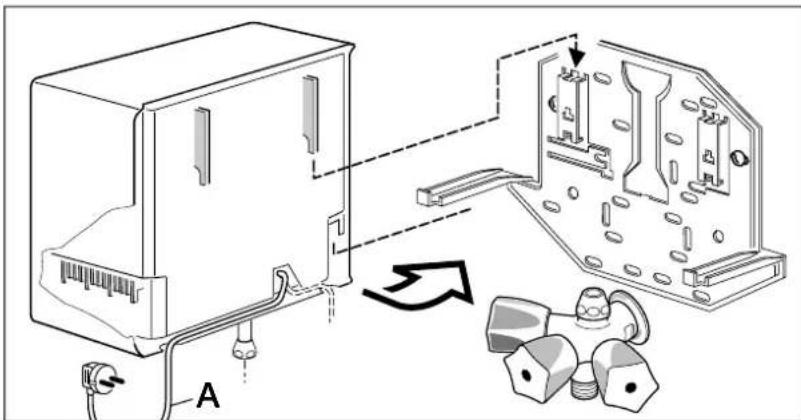Technical diagram showing installation of a computer case with labeled components and directional arrows indicating assembly or repair.