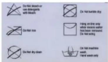 Do Not bleach or use differentials with bleach Do Not gentle dry Do Not into Hang on line any where excess water has been removed Do not winging Do not dry clean Do not machines wash hand wash only