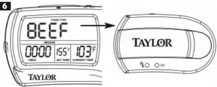 6 FOOD TYPE BEEF MEDIAN 0000 155°F 103°F TIMOR SET TEMP CURRENT TEMP TAYLOR TAYLOR