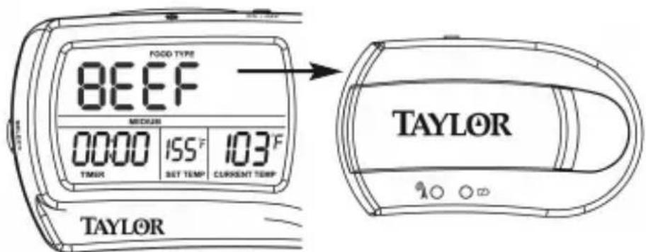 FOOD TYPE BEEF MEDIUM 00:00 155°F 103°F TIMX SET TEMP CURRENT TEMP TAYLOR TAYLOR