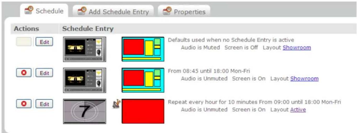 Schedule Add Schedule Entry Properties Actions Schedule Entry Edit Defaults used when no Schedule Entry is active Audio is Muted Screen is Off Layout Showroom Edit From 08:45 until 18:00 Mon-Fri Audio is Unmuted Screen is On Layout Showroom Edit Repeat every hour for 10 minutes From 09:00 until 18:00 Mon-Fri Audio is Unmuted Screen is On Layout Active