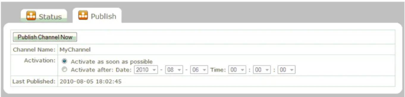 Status Publish Publish Channel Now Channel Name: MyChannel Activation: ● Activate as soon as possible ○ Activate after: Date: 2010 - 08 - 06 Time: 00 : 00 : 00 Last Published: 2010-08-05 18:02:45