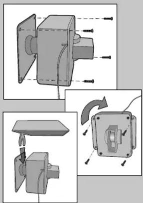 Teknisk illustration af en mekanisk samling med tre visninger: top, front og side (ingen tekst eller symboler til stede)