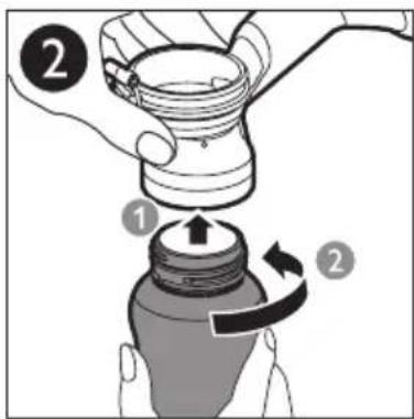 Diagram showing a hand pouring liquid into a bottle with two labeled steps (1 and 2) indicating a process or procedure.