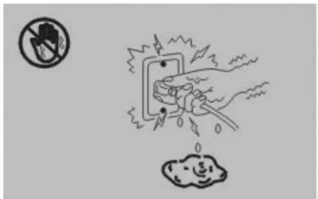 Safety warning illustration showing a hand using an electrical outlet to clean a cloud, with a no-smoking symbol nearby.