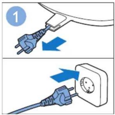 Diagram showing two steps of electric plug installation: one with a plug being inserted, the other with a socket outlet.
