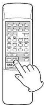 Hand-drawn illustration of a remote control with labeled buttons and a hand pointing to the button.