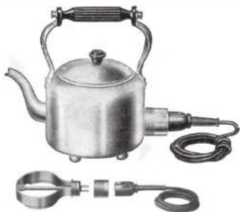 Illustration of a stainless steel kettle with attached tubing and a coiled cord (no text or symbols)