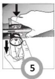 Diagram showing a hand holding a device with arrows indicating process, labeled with number 5