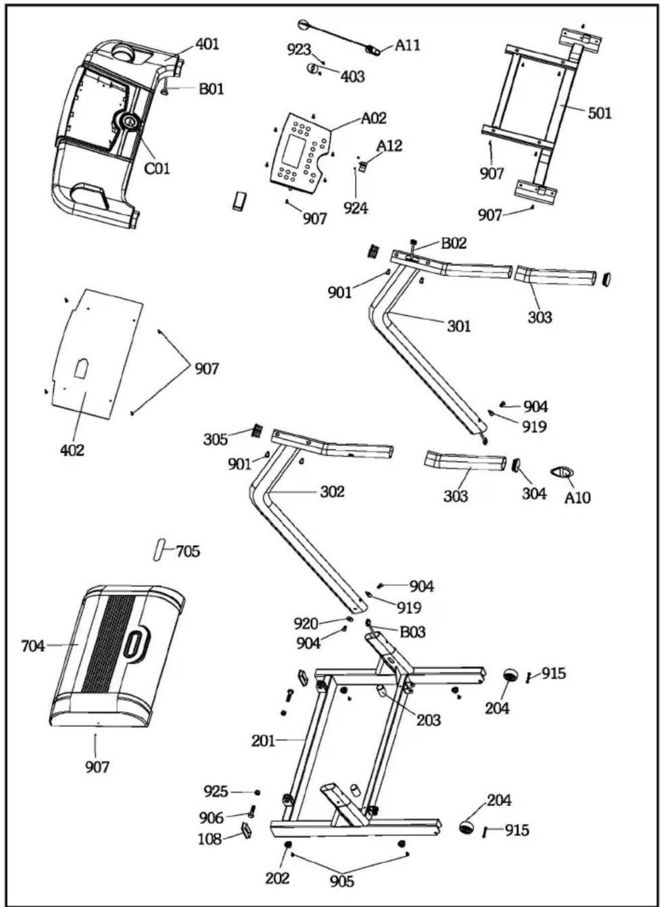 Technical diagram of a device with labeled components and part numbers, including parts like B01, A11, and 907.