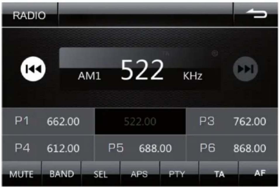 RADIO AM1 522 KHz P1 662.00 522.00 P3 762.00 P4 612.00 P5 688.00 P6 868.00 MUTE BAND SEL APS PTY TA AF