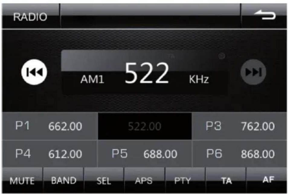 RADIO AM1 522 KHz P1 662.00 522.00 P3 762.00 P4 612.00 P5 688.00 P6 868.00 MUTE BAND SEL APS PTY TA AF