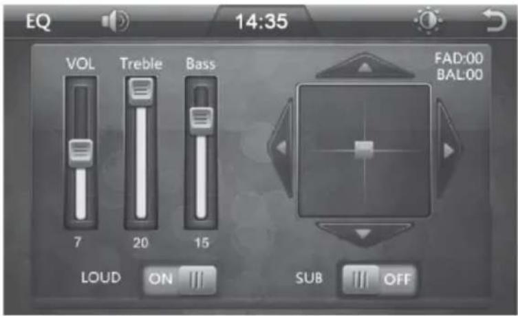EQ 14:35 VOL Treble Bass 7 20 15 LOUD ON SUB OFF FAD:00 BAL:00
