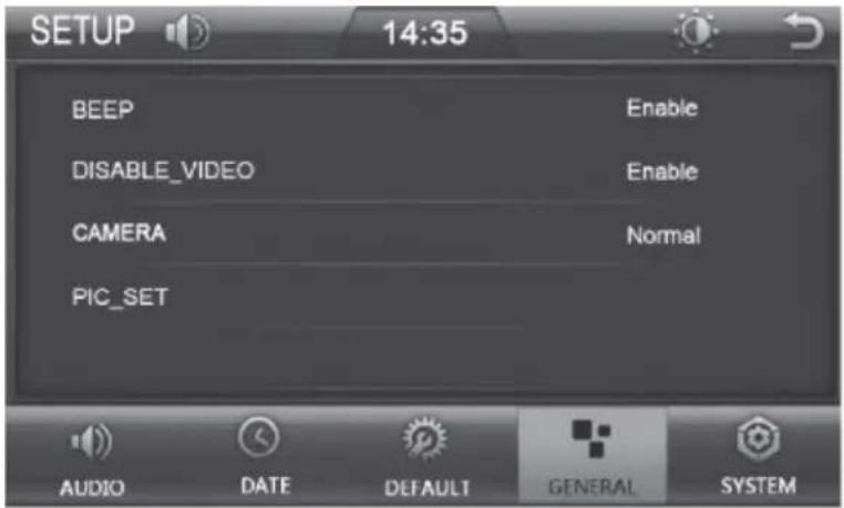 SETUP 14:35 BEEP Enable DISABLE_VIDEO Enable CAMERA Normal PIC_SET AUDIO DATE DEFAULT GENERAL SYSTEM