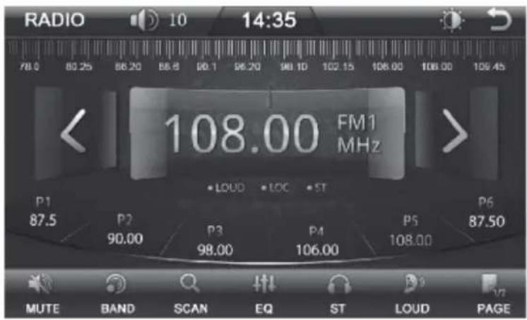 RADIO 10 14:35 78.0 80.25 86.20 86.8 96.1 96.20 98.10 102.15 108.00 108.00 109.45 < 108.00 FM1 MHz > P1 87.5 P2 90.00 P3 98.00 P4 106.00 P5 108.00 P6 87.50 MUTE BAND SCAN EQ ST LOUD PAGE
