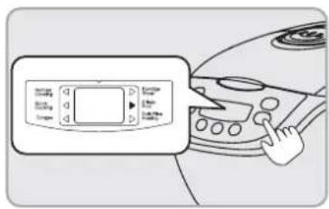 Diagram showing a hand pressing a button on a car's front panel with control buttons and display screen