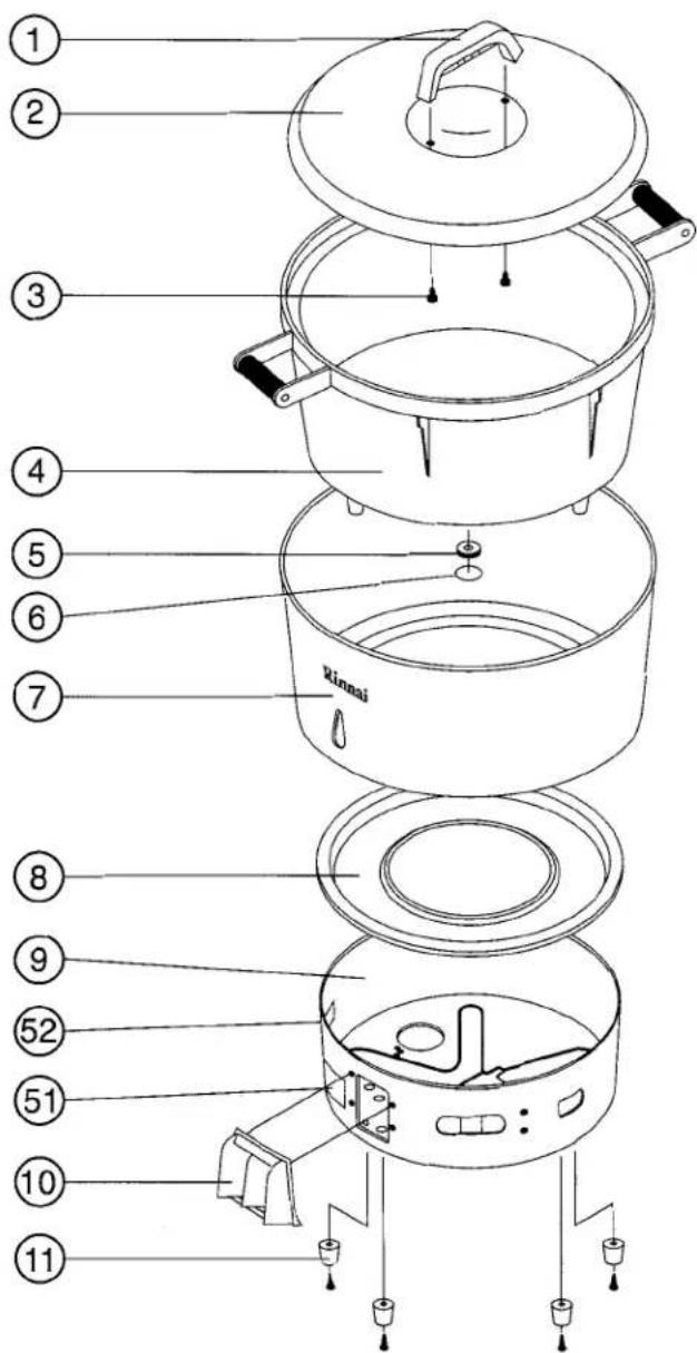 Labeled diagram of a multi-tiered rice cooker with numbered parts for identification