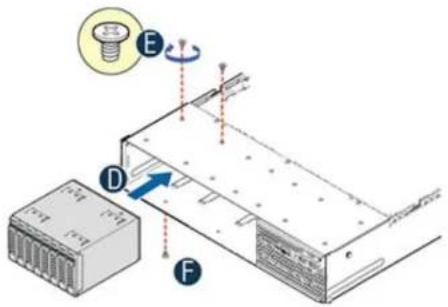 Technical diagram showing a mechanical assembly with labeled components A, B, D, and F, including a magnified view of a screw and directional arrows.