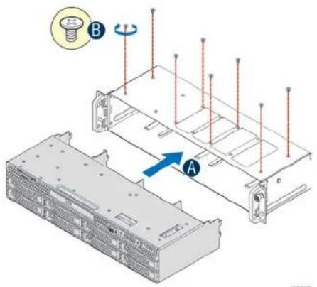 Technical diagram showing assembly of a server rack with labeled components A and B, including a magnified view of the screw head.