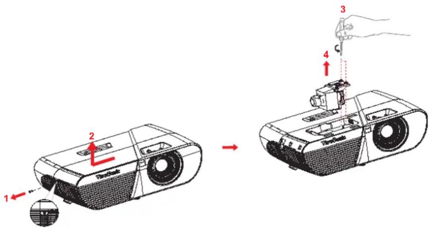Diagram showing a projector setup with labeled components and directional arrows indicating assembly steps.