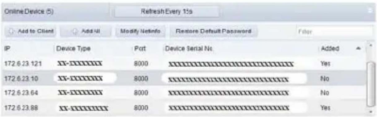 Online Device (5) Refresh Every 15s Add to Client Add All Modify Netinfo Restore Default Password Filter IP Device Type Port Device Serial No Added 172.6.23.121 XX-XXXXXX 8000 XXXXXXXXXX Yes 172.6.23.10 XX-XXXXXX 8000 XXXXXXXXXX No 172.6.23.64 XX-XXXXXX 8000 XXXXXXXXXX No 172.6.23.88 XX-XXXXXX 8000 XXXXXXXXXX Yes