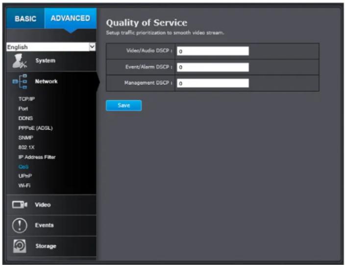 BASIC ADVANCED English System Network TCP/IP Port DDNS PPPoE (ADSL) SNMP 802.1X IP Address Filter QoS UPnP Wi-Fi Video Events Storage Quality of Service Setup traffic prioritization to smooth video stream. Video/Audio DSCP : 0 Event/Alarm DSCP : 0 Management DSCP : 0 Save