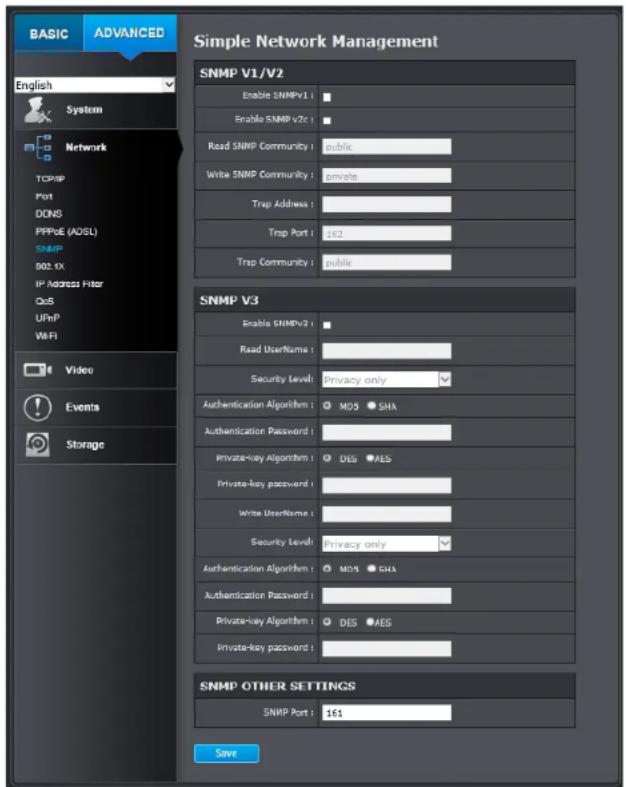 BASIC ADVANCED Simple Network Management English System Network TCP/IP Port DNS PPPoE (ADSL) SNMP 802.1X IP Address Filter QoS UFnP WiFi Video Events Storage SNMP V1/V2 Enable SNMPv1 : Enable SNMP v2c : Read SNMP Community : public Write SNMP Community : private Trap Address : Trap Port : 162 Trap C…