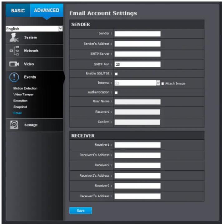 BASIC ADVANCED English System Network Video Events Motion Detection Video Tamper Exception Snapshot Email Storage Email Account Settings SENDER Sender: Sender's Address: SMTP Server: SMTP Port: Enable SSL/TSL: Interval: 2s Attach Image Authentication: User Name: Password: Confirm: RECEIVER Receiver1…