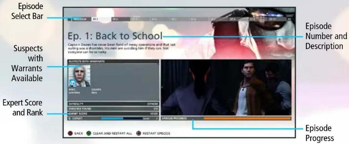 Episode Select Bar Ep. 1: Back to School Suspets with Warrants Available Expert Score and Rank Episode Number and Description SUSPECTS WITH WARRANTIES EVIDENCE FOUND 373 EXPERT SCORE 10425 DIFICULTY OFFICE EVIDENCE FOUND 373 EXPERT SCORE 10425 EPISDORE PROGRESS BACK CLEAR AND RESTART ALL RESTART EPISODE Episode Progress