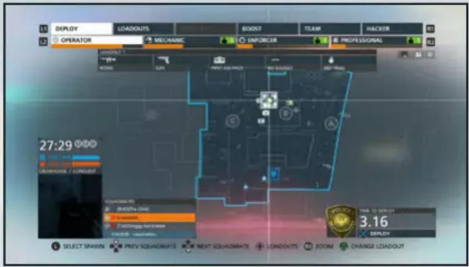 15 DEPLOY LOADOUTS BOOST TEAM HACKER 3.3 OPERATOR MECHANIC INFORCE PROFESSIONAL 27:29 ORANGE / LOADOUT SELECT SPAWN PREV SQUADNATE NEXT SQUADNATE LOADOUTS ROOM CHANGE LOADOUT 3.16 DEPLOY