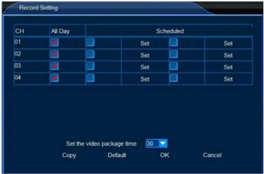 Record Setting CH All Day Scheduled 01 Set Set 02 Set Set 03 Set Set 04 Set Set Set the video package time 30 Copy Default OK Cancel