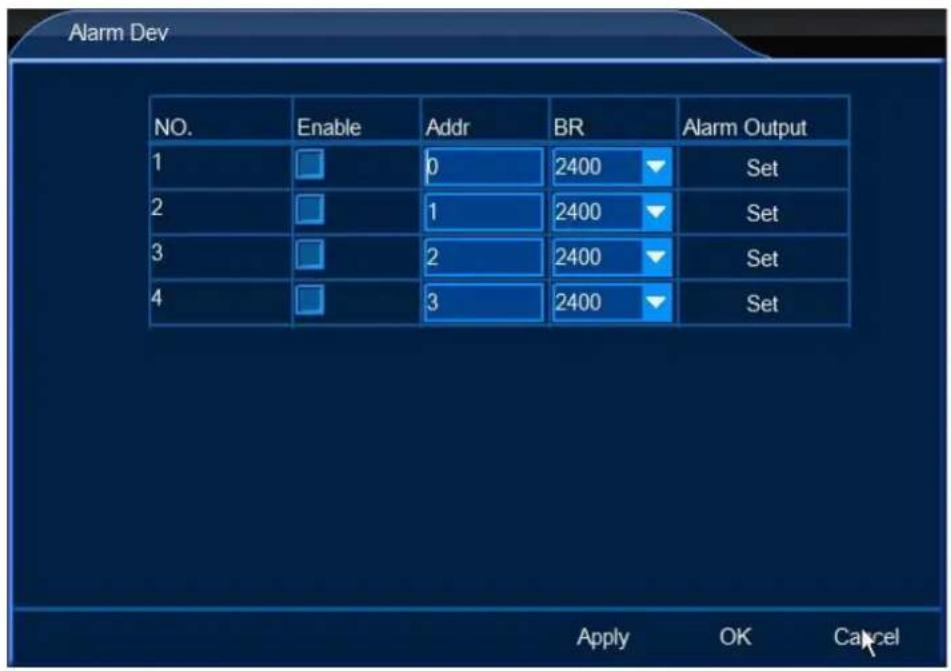 Alarm Dev NO. Enable Addr BR Alarm Output 1 0 2400 Set 2 1 2400 Set 3 2 2400 Set 4 3 2400 Set Apply OK Cancel