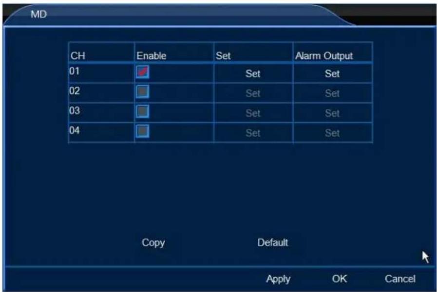 MD CH Enable Set Alarm Output 01 Set Set 02 Set Set 03 Set Set 04 Set Set Copy Default Apply OK Cancel