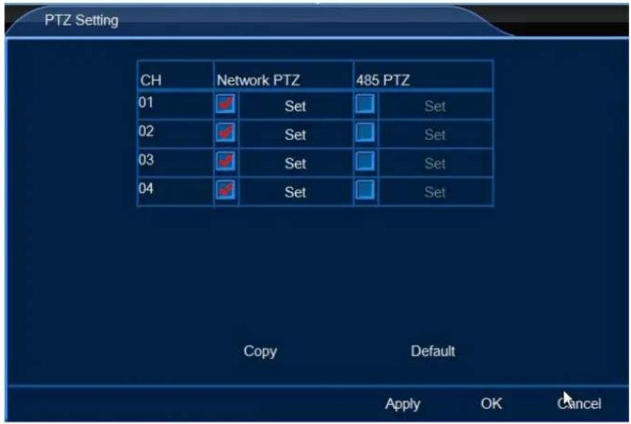 PTZ Setting CH Network PTZ 485 PTZ 01 Set Set 02 Set Set 03 Set Set 04 Set Set Copy Default Apply OK Cancel