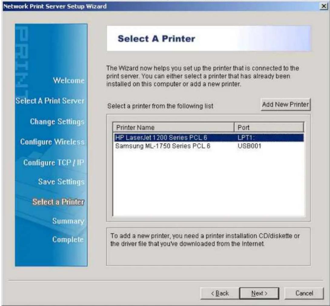 Network Print Server Setup Wizard Select A Printer The Wizard now helps you set up the printer that is connected to the print server. You can either select a printer that has already been installed on this computer or add a new printer. Select a printer from the following list Add New Printer Printe…