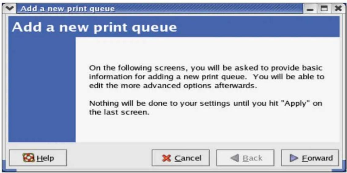 Add a new print queue On the following screens, you will be asked to provide basic information for adding a new print queue. You will be able to edit the more advanced options afterwards. Nothing will be done to your settings until you hit "Apply" on the last screen.