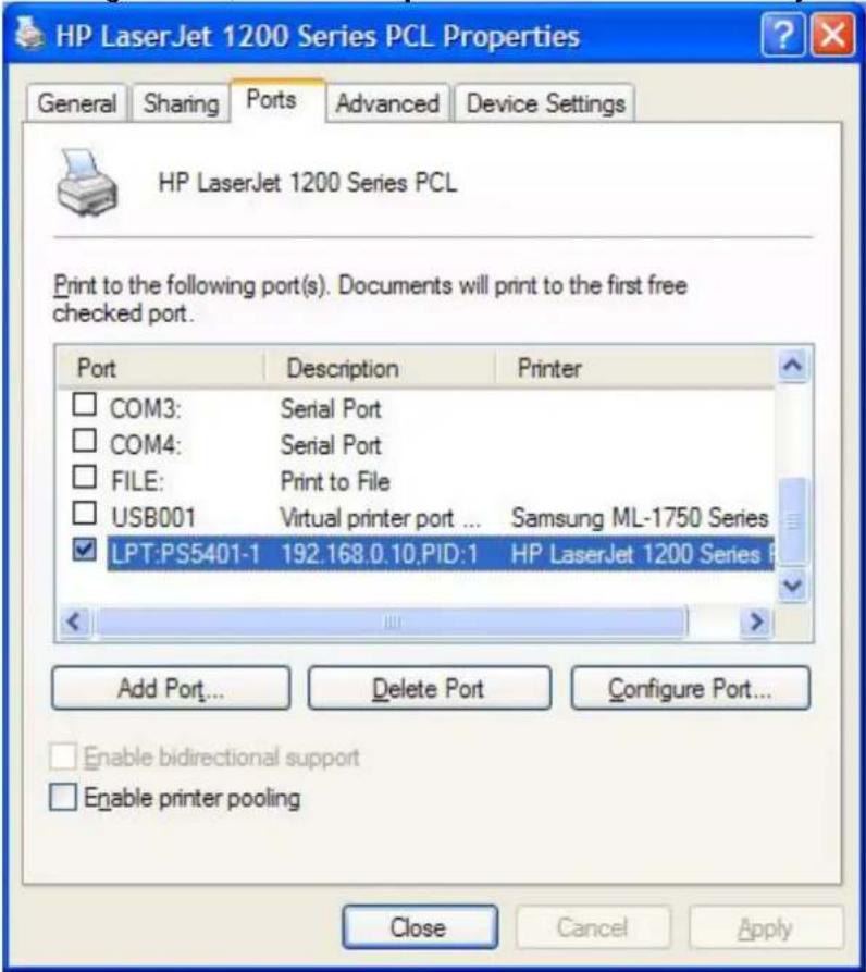 HP LaserJet 1200 Series PCL Properties General Sharing Ports Advanced Device Settings HP LaserJet 1200 Series PCL Print to the following port(s). Documents will print to the first free checked port. Port Description Printer COM3: Serial Port COM4: Serial Port FILE: Print to File USB001 Virtual print…