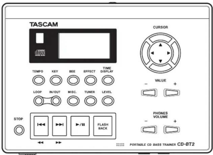 TASCAM TEMPOR KEY BEE EFFECT TIME DISPLAY LOOP IN/OUT MISC. TUNER LEVEL STOP FLASH BACK CURSOR VALUE + PHONES VOLUME + PORTABLE CD BASS TRAINER CD-BT2