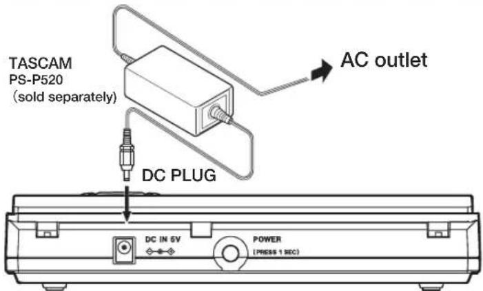 TASCAM PS-P520 (sold separately) DC PLUG AC outlet DC IN 6V POWER (PRESS 1 SEC)