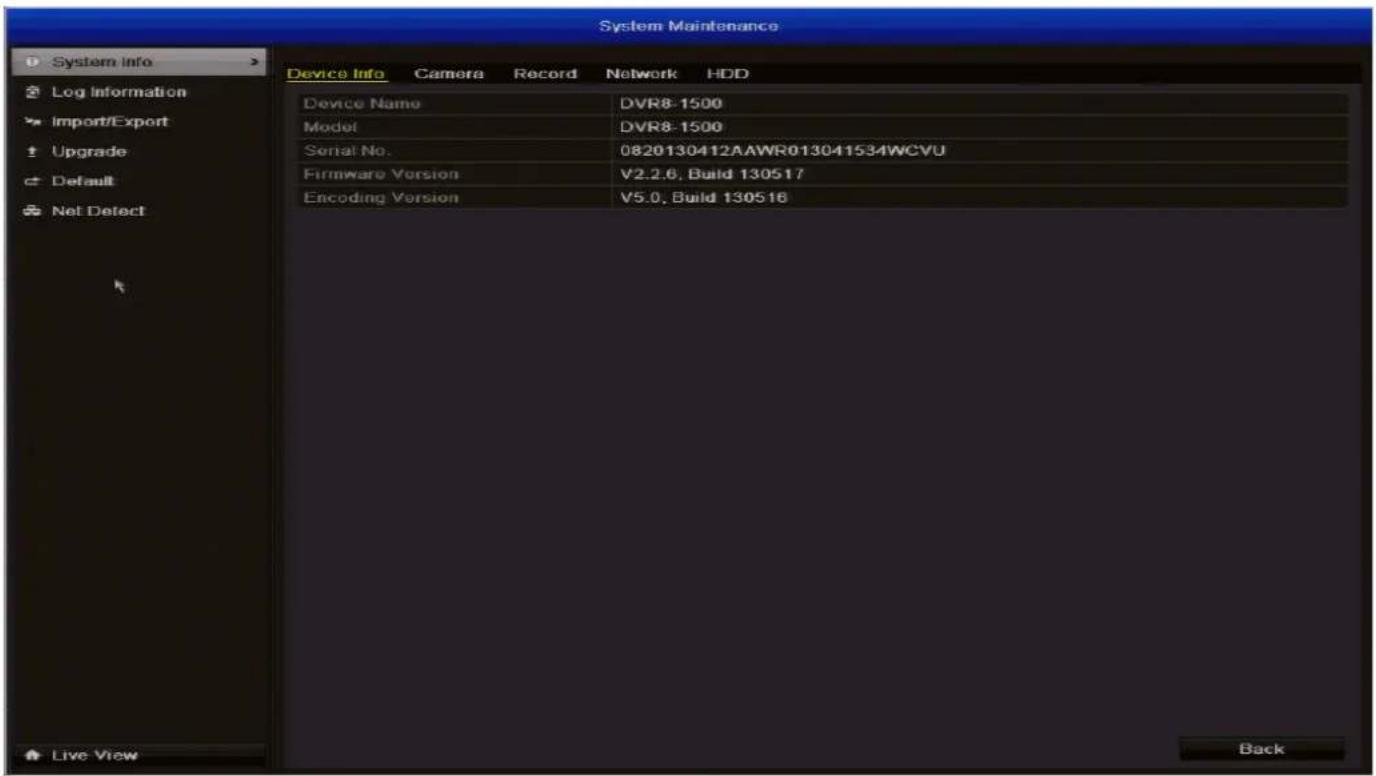 SWANN DVR4-1500 - Maintenance: System Info - 1