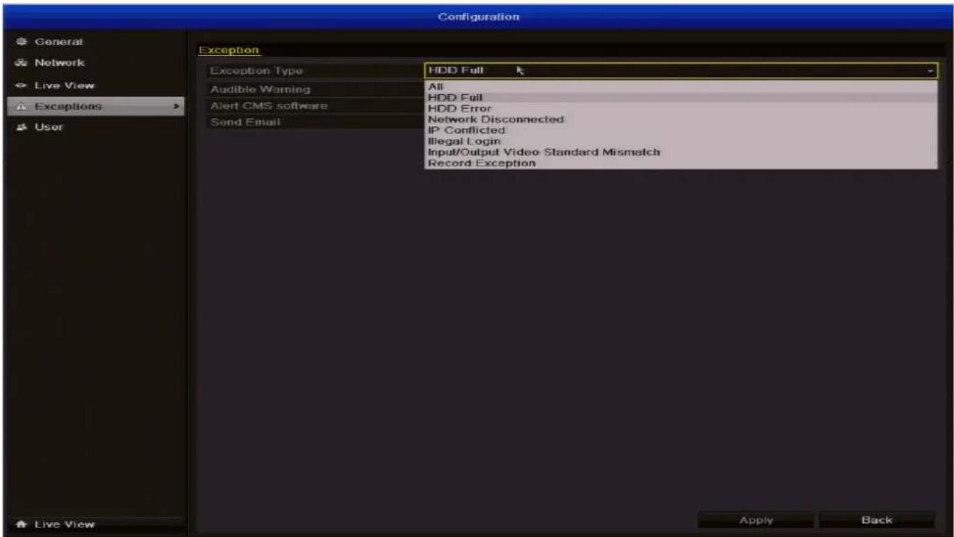 SWANN DVR4-1500 - Configuration: Exceptions - 1
