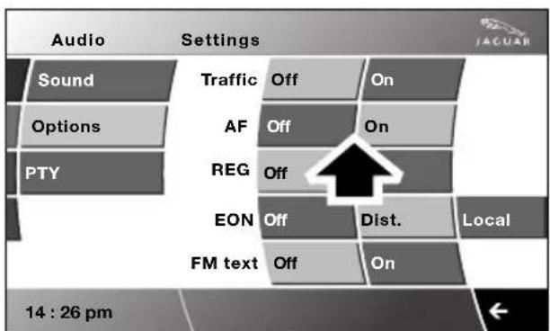 Audio Settings Sound Options PTY Traffic Off On AF Off On REG Off EON Off Dist. Local FM text Off On 14 : 26 pm