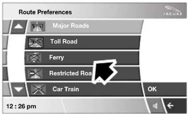 Route Preferences Major Roads Toll Road Ferry Restricted Road Car Train OK 12 : 26 pm