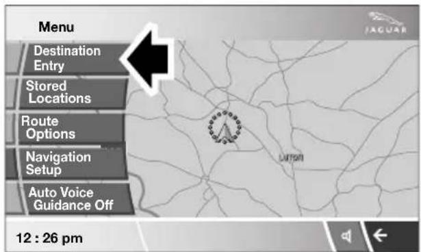 Menu Destination Entry Stored Locations Route Options Navigation Setup Auto Voice Guidance Off 12 : 26 pm